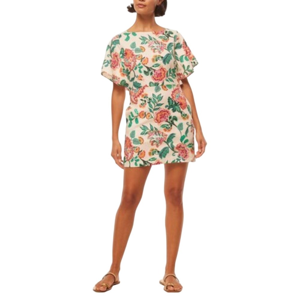 MISA Los Angeles Jamila Floral Mini Dress SZ XS Cream Pink‎ Green Flutter Sleeve